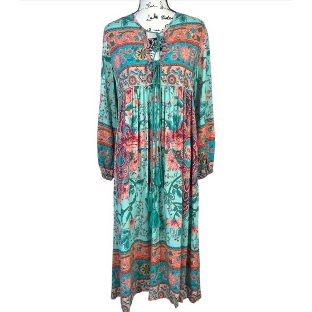 R. Vioimos Boho Maxi‎ Dress M Turquoise Floral Paisley Tassel Tie Neck Hippie